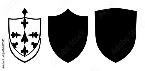 Heraldic shield set with geometric silhouette design featuring shield, heraldry, iconography with line art and minimal style