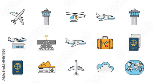 Airport Icons: Airplanes, Control Tower, Passport, Luggage, World Map, Clouds