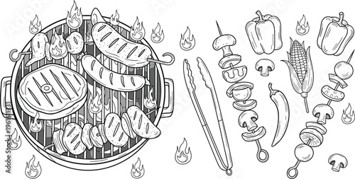 BBQ Grill and Skewer Icons Set Featuring Grilled Meat, Vegetables, and Fire Elements for Outdoor Cooking and BBQ Designs