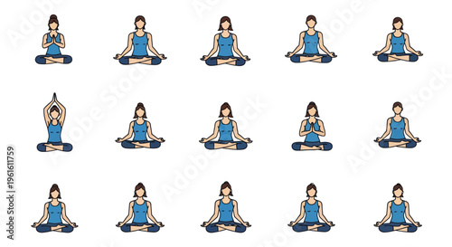 Yoga Poses Collection: Woman Meditating in Various Sitting Positions and Hand Gestures