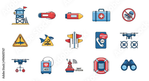 Lifeguard Equipment & Safety Icons: Beach, Rescue, Warning, Drone, AED, Binoculars