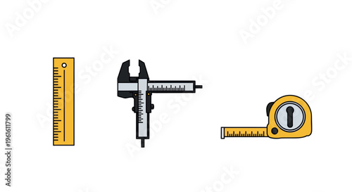 Measuring Tools: Ruler, Caliper, and Tape Measure on White Background