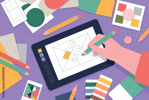 An overhead view shows an artist's hands using a stylus to draw on a digital tablet, surrounded by pencils, color swatches, and design sketches.