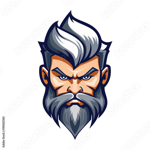 Angry bearded pirate head with grey hair and fierce expression, isolated  vector illustration mascot