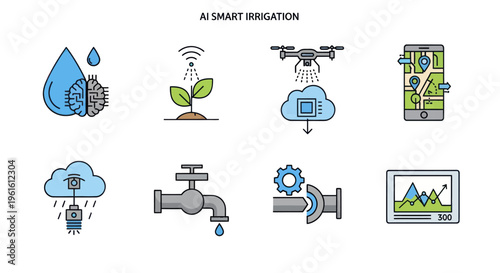 Smart Irrigation Technology Icons: AI, Drone, Mobile App, Cloud, Data