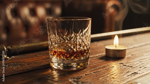 Dimly lit whiskey glass resting on rustic wooden bar with a small candle glow