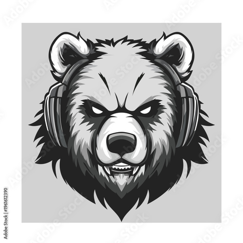 Fierce grizzly bear head wearing headphones with a snarling expression, monochromatic vector illustration for gaming