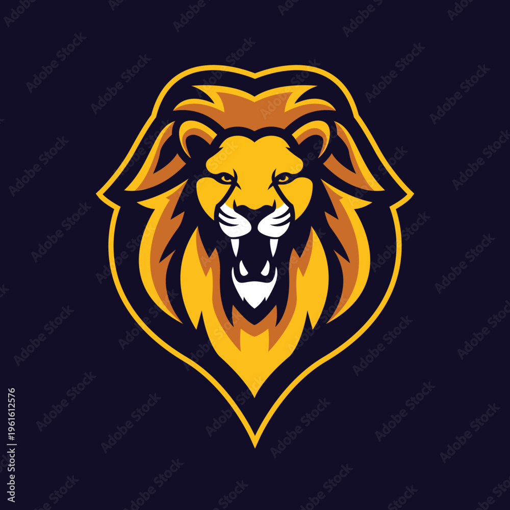 Fototapeta premium Majestic roaring lion mascot logo with golden yellow mane and open mouth for sports team emblem on navy blue vector