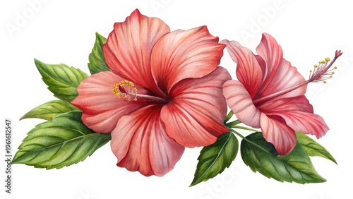 Watercolor painting of two vibrant hibiscus flowers with green foliage arrangement
