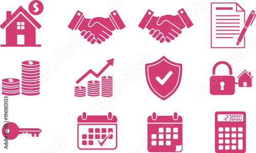 Collection of real estate and financial transaction icons depicting property deals contracts and secure investments