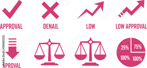 Set of approval and denial icons with balance scales and percentage chart graphics for business presentations and reports