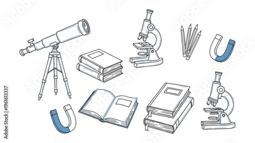 Astronomy and Scientific Tools: A collection of essential scientific tools and objects, ideal for illustrating educational concepts and academic pursuits.