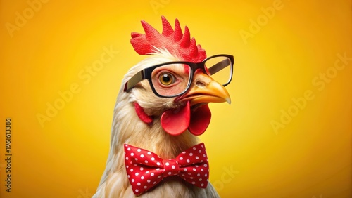 A photo of a jovial chicken wearing red glasses paired with a dotted bow tie on a vibrant yellow backdrop