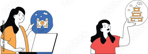 Two individuals explore distinct cultural landmarks through digital magnifying lenses in imaginative and educational settings