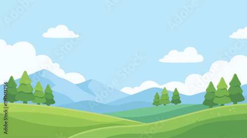 Cute Flat Nature Landscape Background Vector. Rolling hills and mountains 2D game scenery.