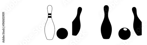 Bowling pin and ball silhouette set with black line art design featuring bowling, sports, entertainment with minimalism and vector