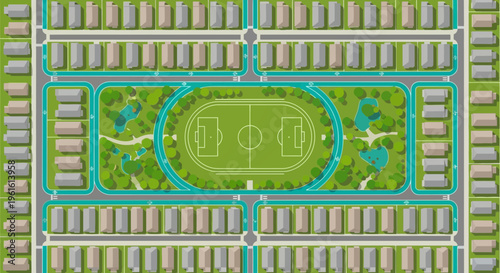 Top-Down Aerial View of a Sustainable Suburban Neighborhood Design with Central Park and Sports Field - Vector City Planning Concept