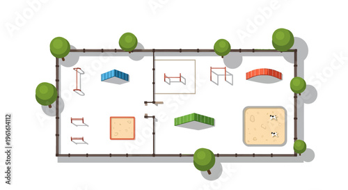 Top-Down View of a Dog Park with Agility Training Equipment and Obstacle Course Illustration