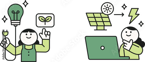 Two cheerful individuals promoting renewable energy and sustainable ideas through modern technology and eco-friendly innovations