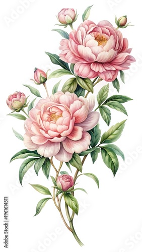 Elegant Watercolor Pink Peony Flower Arrangement on a Crisp White Background