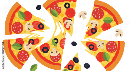Flat lay illustration of a sliced pizza with various toppings on a white background in a vibrant and appetizing style.