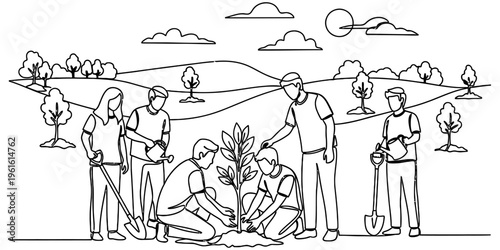 Continuous One Line Drawing of People Planting Trees in Nature