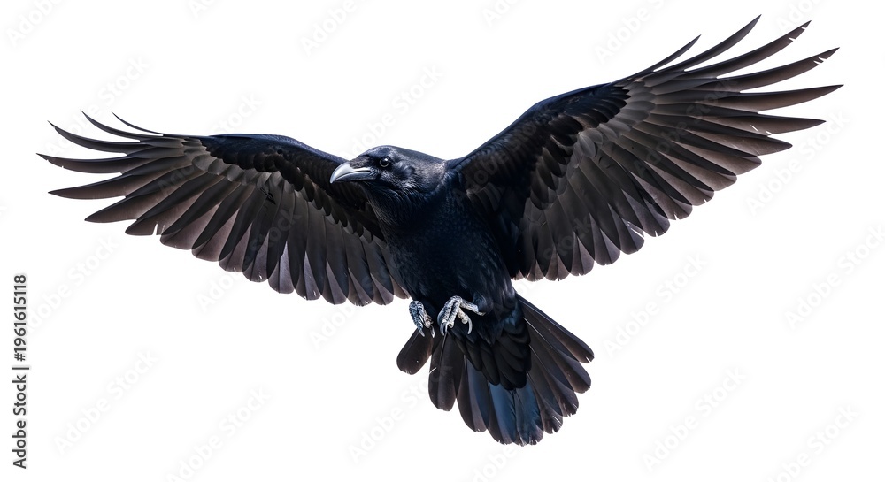 Fototapeta premium Black raven soaring against a white background with outstretched wings