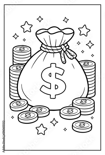 Schilderij op canvas Outline vector illustration of a large money bag featuring a prominent dollar symbol surrounded by stacks of gold coins and sparkling stars