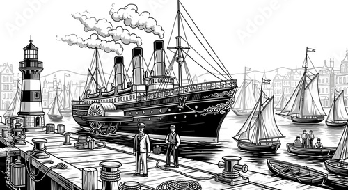 Vintage steamboat at harbor with sailboats and lighthouse illustration