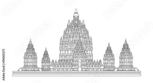 Detailed Line Art Depiction of a Traditional Temple Structure.