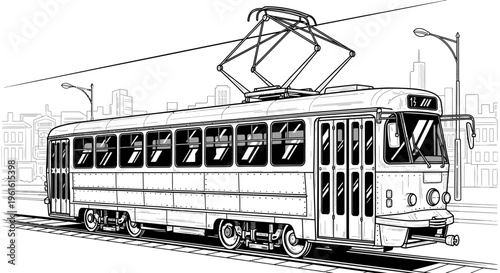 Vintage trolley illustration on rails with cityscape background vector