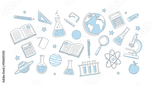 Education tools concept: A collection of meticulously drawn science and education tools, arranged artfully. A perfect illustration to bring a sense of wonder and learning.