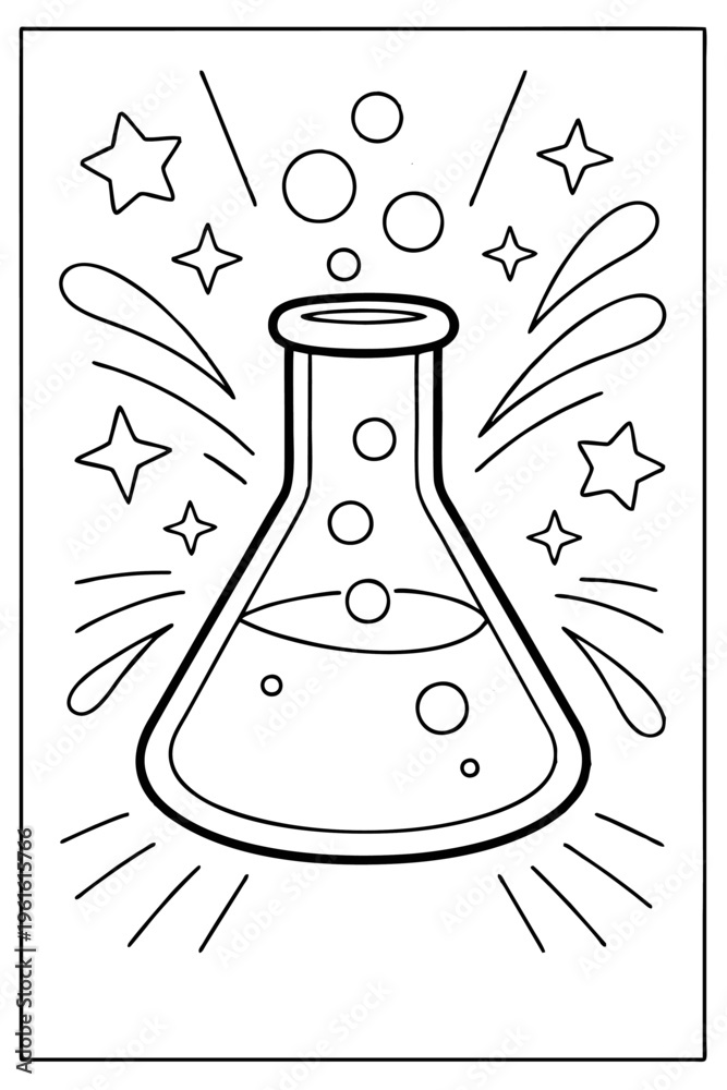 Ταπετσαρία a simple black-and-white line drawing of a bubbling Erlenmeyer flask surrounded by stars and sparkle effects, designed as a childrens coloring page