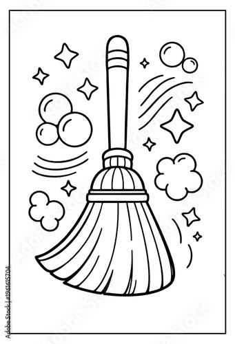 Broom cleaning tool vector illustration graphic design with sparkling stars bubbles and swirls indicating tidiness hygiene and domestic chore concept for coloring book page