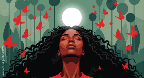 Illustration of a woman with long, curly hair looking up at a full moon surrounded by red birds and trees on International Day of Remembrance of the Victims of Slavery and the Transatlantic Slave