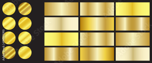 Luxury gold gradient collection and radial metallic mesh palettes. Vector set of golden foil textures, yellow brass and polished bronze swatches for 