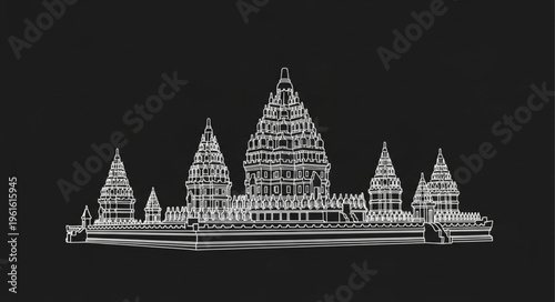 Detailed Line Art of Angkor Wat Temple Complex at Dusk.