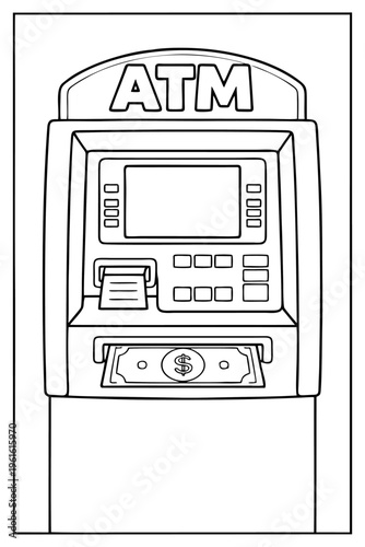 A black-and-white line art coloring page of an ATM machine dispensing a dollar bill.
