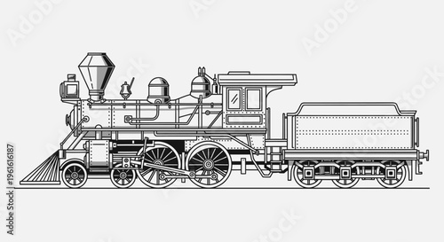 Vintage steam train illustration classic locomotive side view in black and white