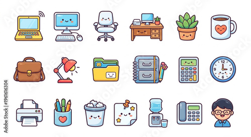 Cute Office Supplies and Stationery Vector Icon Set, Kawaii Digital Work Equipment Collection, Flat Digi-Cute Style Business Elements on White Background
