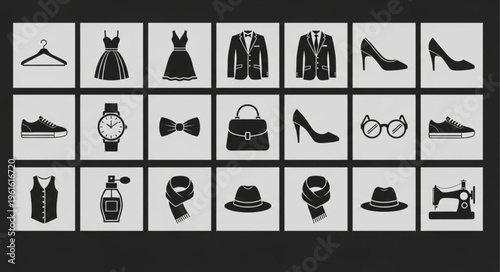 Collection of Fashion and Accessory Icons in Black and White.