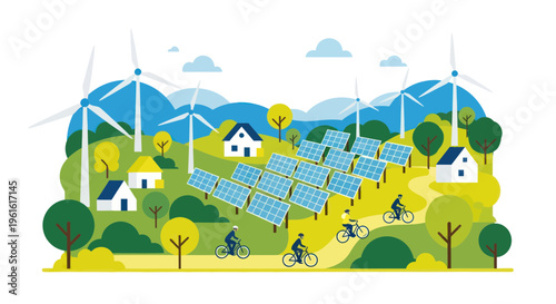 Eco-friendly landscape with solar panels, wind turbines, houses, and cyclists