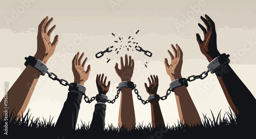 Illustration of diverse hands in air with breaking chains, symbolizing freedom and the International Day of Remembrance of the Victims of Slavery and the Transatlantic Slave Trade.