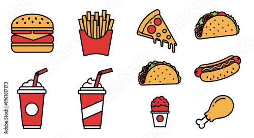 Fast Food Icons: Burger, Pizza, Fries, Tacos, Hot Dog, Drinks & Chicken