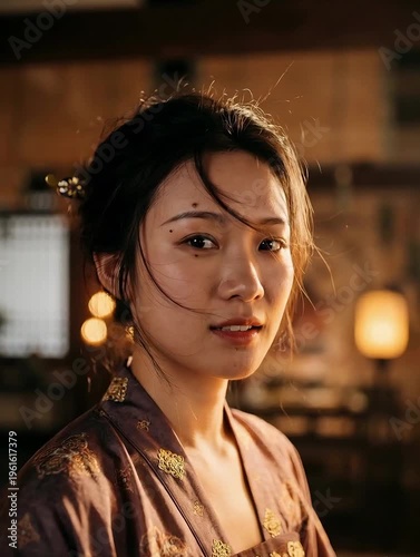 Portrait of Woman with Dark Hair in Traditional Garment with Hairpin