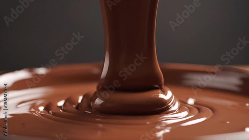 Glossy molten chocolate being poured into slow motion with rich brown sheen and smooth texture