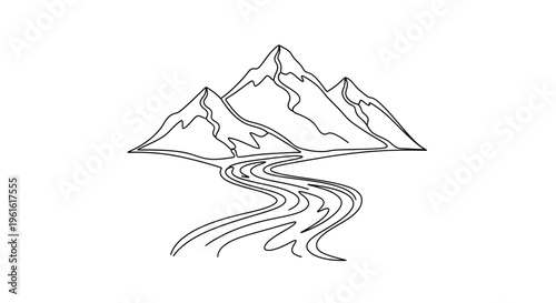 Mountain Range with Winding River Line Art - Nature Landscape Illustration