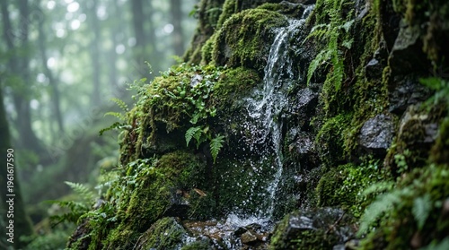 Hyperrealistic macro photography of a miniature forest waterfall flowing between moss-covered cliffs