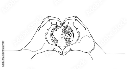 Hands forming heart around planet earth, continuous line drawing, love and care for world concept