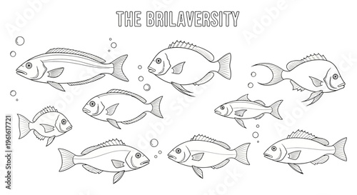 School of Fish Illustration, Hand-Drawn Style, Bubbles and Underwater Scene